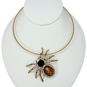 Vtg Gold Tone Spider Pendant Choker Necklace 16.5" With Rhinestones Statement